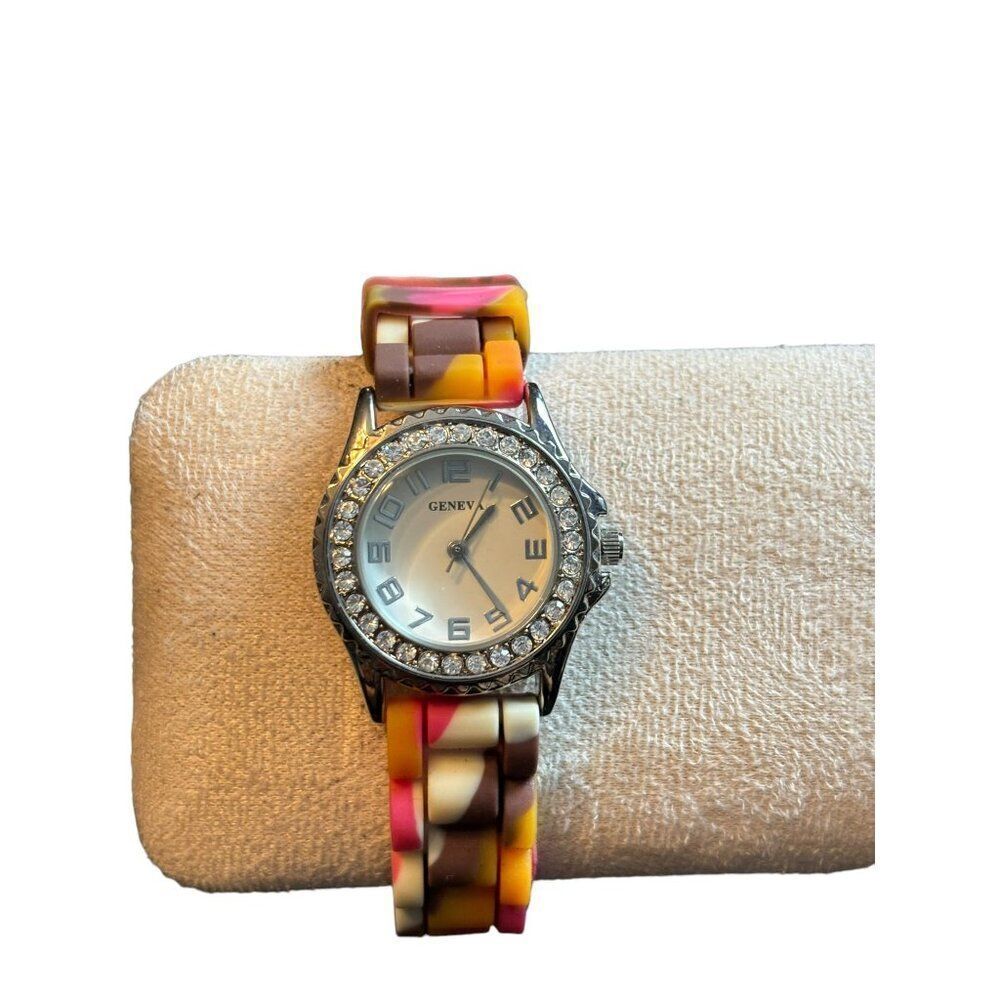 Geneva Women's Watch With Rhinestone Bezel & Multicolor Silicone Strap Water Res